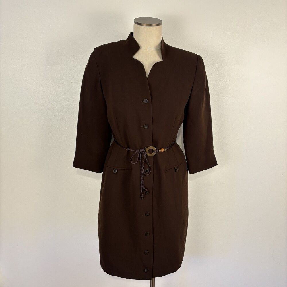 Vintage Womens M/L Brown 3/4 Sleeve Shift Dress with Rope Belt & Unique Neckline